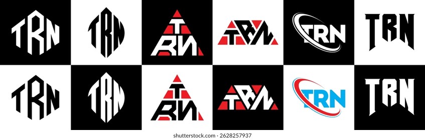 TRN letter logo design in six style. TRN polygon, circle, triangle, hexagon, flat and simple style with black and white color variation letter logo set in one artboard. TRN minimalist and classic logo