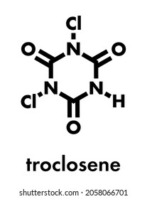 Troclosene (dichloroisocyanuric acid) molecule. Used as disinfectant, deodorant, biocide, detergent and in water purification. Skeletal formula. svg