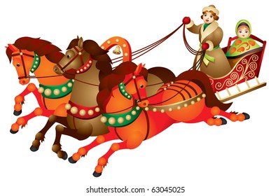Troika, traditional Russian harness driving combination, three horses pulling a sleigh, vector image