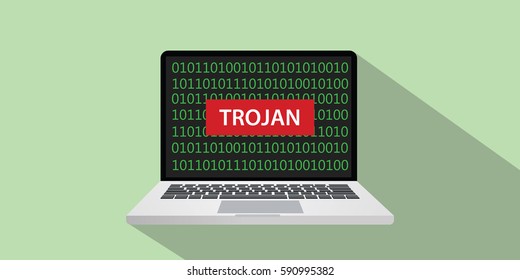 trojan hacking illustration with laptop and red sign on laptop screen with binary code as background