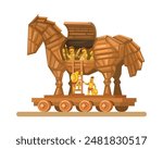 Trojan Horse Army. Geek Historical War Strategy Cartoon Illustration Vector
