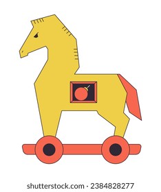 Trojan horse with bomb inside flat line color isolated vector object. Hidden threat. Editable clip art image on white background. Simple outline cartoon spot illustration for web design