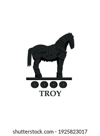 Trojan horse clipart. Dark wooden mythology animal on massive platform wheels symbol deception and vector sabotage.