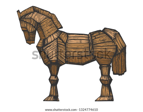 Trojan horse color sketch engraving vector\
illustration. Horse wooden figure. Scratch board style imitation.\
Hand drawn image.