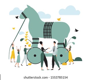 Trojan horse concept. Dishonest business. Unfairy deal. Metaphor. Concept illustration of treacherous deal of companies. Flat design