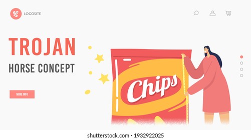 Trojan Horse Concept for Landing Page Template. Tiny Female Character Measuring Huge Chips Package with Tape, Woman Presenting Marketing Tricks with Fake Product Packaging. Cartoon Vector Illustration