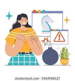 Engaño del caballo de Troya. El usuario preocupado encuentra malware oculto, simbolizado por la criatura mítica en la pantalla. Acecha una ciberamenaza encubierta. Ilustración vectorial plana.