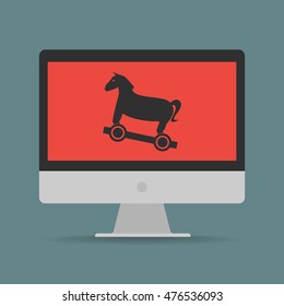 Trojan horse malware computer virus on computer. Vector illustration technology data privacy and security concept.