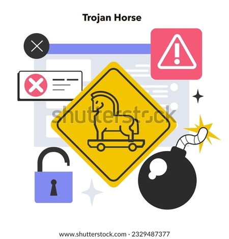 Trojan horse virus. Hacker hides a malware in a legitimate program. Malicious code attacking and tacking control of a computer. Cyber attack or crime technology. Flat vector illustration
