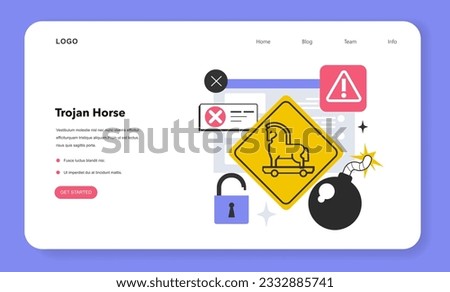 Trojan horse virus web banner or landing page. Hacker hides a malware in a legitimate program. Malicious code tacking control of a computer. Cyber attack or crime technology. Flat vector illustration