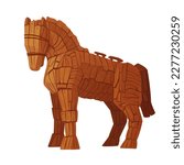 Trojan horse. Wooden scratch statue of ancient troy and history greece war, mythical monument trojans old horses in turkey cartoon ingenious vector illustration of wooden horse trojan