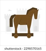 Trojan horse. Wooden scratch statue of ancient troy and history greece war, mythical monument trojans old horses in turkey cartoon ingenious vector illustration of wooden horse trojan isolated 