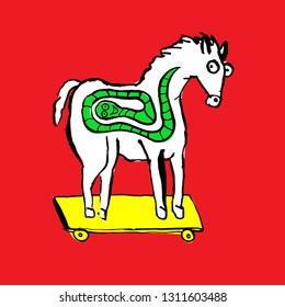 Trojan horse with worm inside. Computer virus symbol. Grunge dry brush vector illustration.