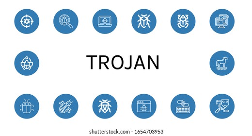 trojan icon set. Collection of Anti bug, Bug, Beetle, Online robbery, Malware, Keylogger, Spyware, Trojan horse icons