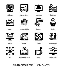 Trojan, Malware, Spam, safe Installation, Construction, Customer, Hosting, Skyscraper, Compliance, Leaking, Danger, Cheerful, Lock Open, Secure Line, Ransomware Program, Glyph Icons - Solid, Vectors