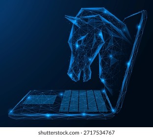 Red troyana, penetración de pantalla. La cabeza de un caballo crece fuera de la pantalla del ordenador portátil. El concepto de sentirse una amenaza oculta, hackeo y acceso no autorizado. Diseño poligonal, fondo azul.