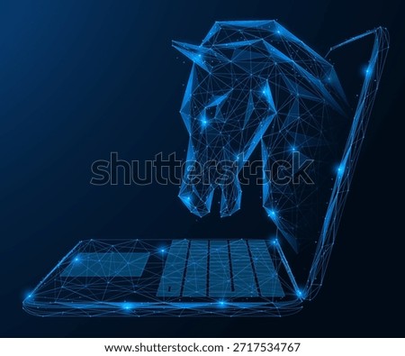 Trojan network, screen penetration. A horse's head grows out of the laptop screen. The concept of feeling a hidden threat, hacking and unauthorized access. Polygonal design, blue background.