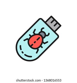 Trojan virus on usb flash drive flat color line icon.
