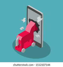 Trojan virus vector symbol with cell phone and red trojan horse isolated on blue background. Flat design, easy to use for your website or presentation.