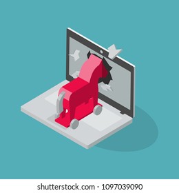 Trojan virus vector symbol with laptop and red trojan horse isolated on blue background. Flat design, easy to use for your website or presentation.