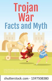 Trojan war facts and myths brochure template. Battle scene with gladiators. Flyer, booklet, leaflet concept with flat illustration. Vector page cartoon layout for magazine. Invitation with text space