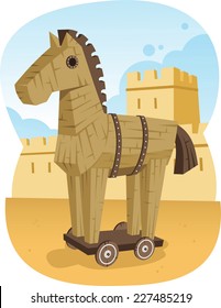 Trojan Wooden Horse Ancient Greece Animal Troy War, Vector Illustration Cartoon.