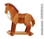 Trojan wooden horse. Children toy concept. Horse wooden figure. Wooden statue of ancient troy, history greece war, monument trojans old horse