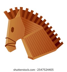 Caballo de madera troyano. Concepto del juguete de los niños. Figura de madera de caballo. Estatua de madera de la antigua troya, historia de la guerra de Grecia, monumento troyanos viejo caballo