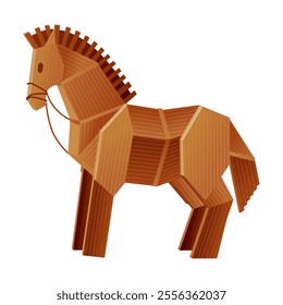 Trojan wooden horse. Children toy concept. Horse wooden figure. Wooden statue of ancient troy, history greece war, monument trojans old horse