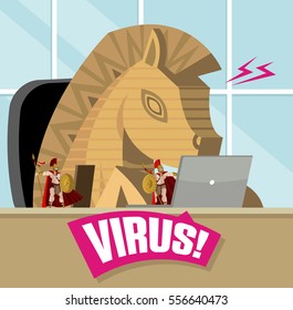 trojan wooden horse and tiny warriors inside computer virus infecting