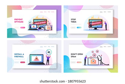 Trojan Worm in Pc Landing Page Template Set. Tiny Characters at Huge Computer with Warning Sign of Virus Attack. Cyberspace Security and Defence of Hacker Attacking. Cartoon People Vector Illustration