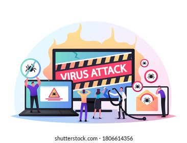 Trojan Worm In Pc. Tiny Male And Female Characters At Huge Computer With Warning Sign Of Virus Attack. Cyberspace Security And Defence Of Hacker Attacking Service. Cartoon People Vector Illustration