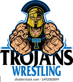 trojans wrestling team design with muscular mascot for school, college or league