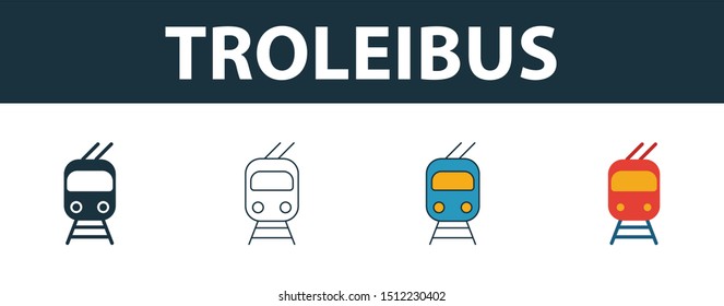Troleibus icon set. Four elements in diferent styles from transport icons collection. Creative troleibus icons filled, outline, colored and flat symbols.