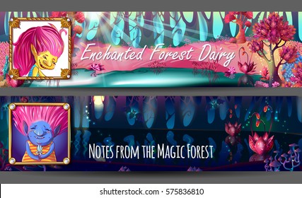 Troll characters avatars horizontal banners on colorful enchanted forest landscape in day and night time vector illustration