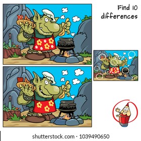 Troll in the chef's hat cooks lunch in the cauldronr. Find 10 differences. Educational game for children. Cartoon vector illustration