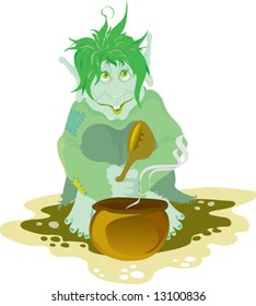 troll eating food from the pot with big spoon