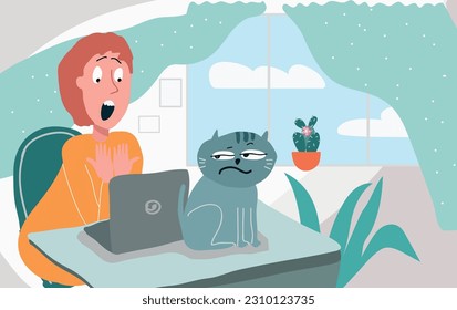 Troll faces cat flat composition with indoor workplace interior and distracted woman with cat on table vector illustration