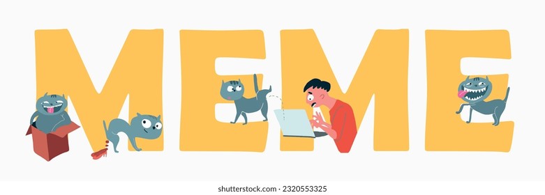Troll faces composition with flat text and funny cartoon style characters of cats emotions and man vector illustration