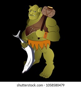 troll with fish, character for application on t-shirt, print, sticker