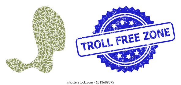 Troll Free Zone rubber seal print and vector recursion mosaic spot. Blue seal contains Troll Free Zone text inside rosette. Vector mosaic is constructed from repeating rotated spot pictograms.