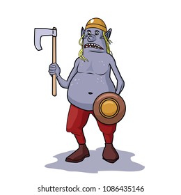Troll or Goblin with an axe and shield. Vector illustration.