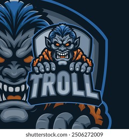 Troll monster esport emblem mascot logo. Scary creature character brand identity.