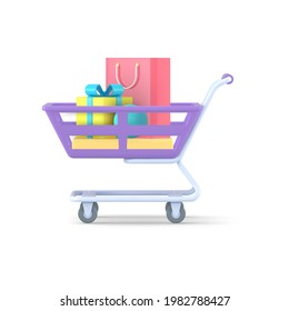 Trolley for 3d purchases with packages vector icon. Metallic purple container wheels with yellow gift and red bag. Commercial sales retail symbol in stores and online supermarkets template.