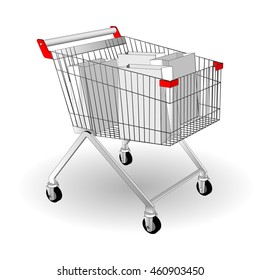 Trolley 3d for shopping. Shopping supermarket cart with packages. Retail Equipment. Vector illustration on a white background.