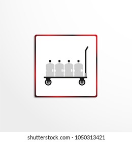 A trolley with bottles filled with water. Vector icon.