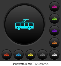 Trolley bus dark push buttons with vivid color icons on dark grey background