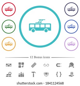 Trolley bus flat color icons in circle shape outlines. 12 bonus icons included.