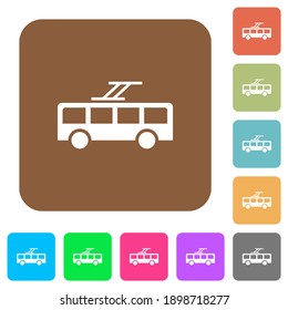 Trolley bus flat icons on rounded square vivid color backgrounds.