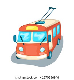 Trolley bus front view isolated. City transport cartoon vector illustration on white background. Trolleybus with electric wires. Urban public transport. Kids car mascot or icon. Ecological vehicle